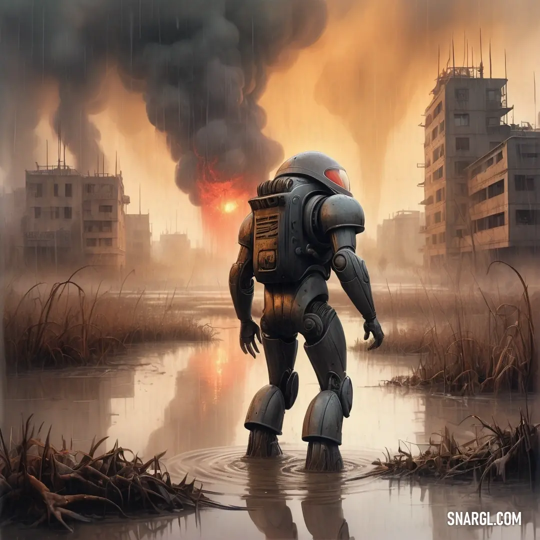 NCS S 6005-Y80R color. Robot standing in a body of water in front of a city with smoke pouring out of it's stacks