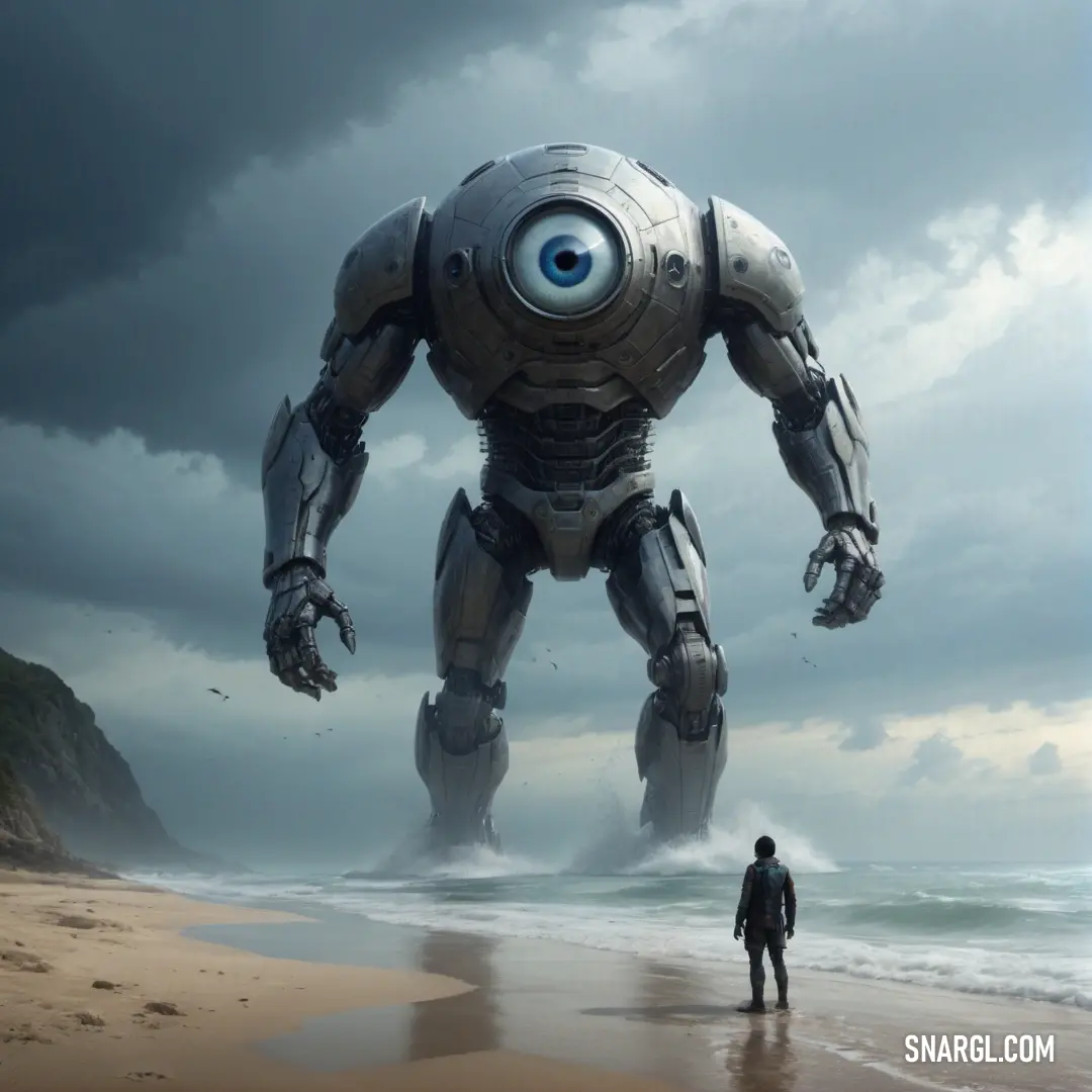 Man standing on a beach next to a giant robot with eyes on it's face. Example of RGB 72,93,96 color.