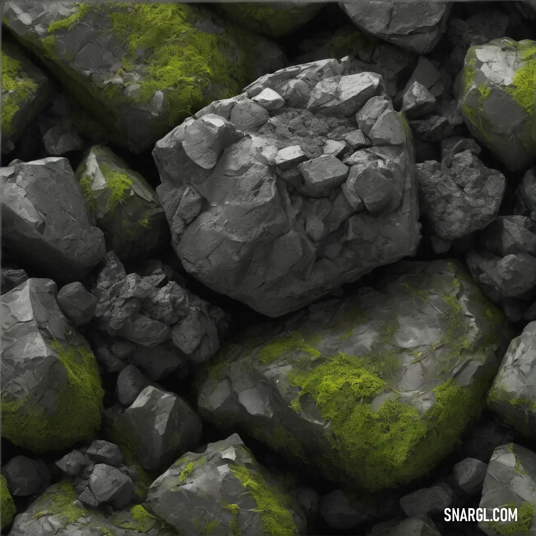 Pile of rocks with green moss growing on them and a black frame around it with a white border. Color #485D60.