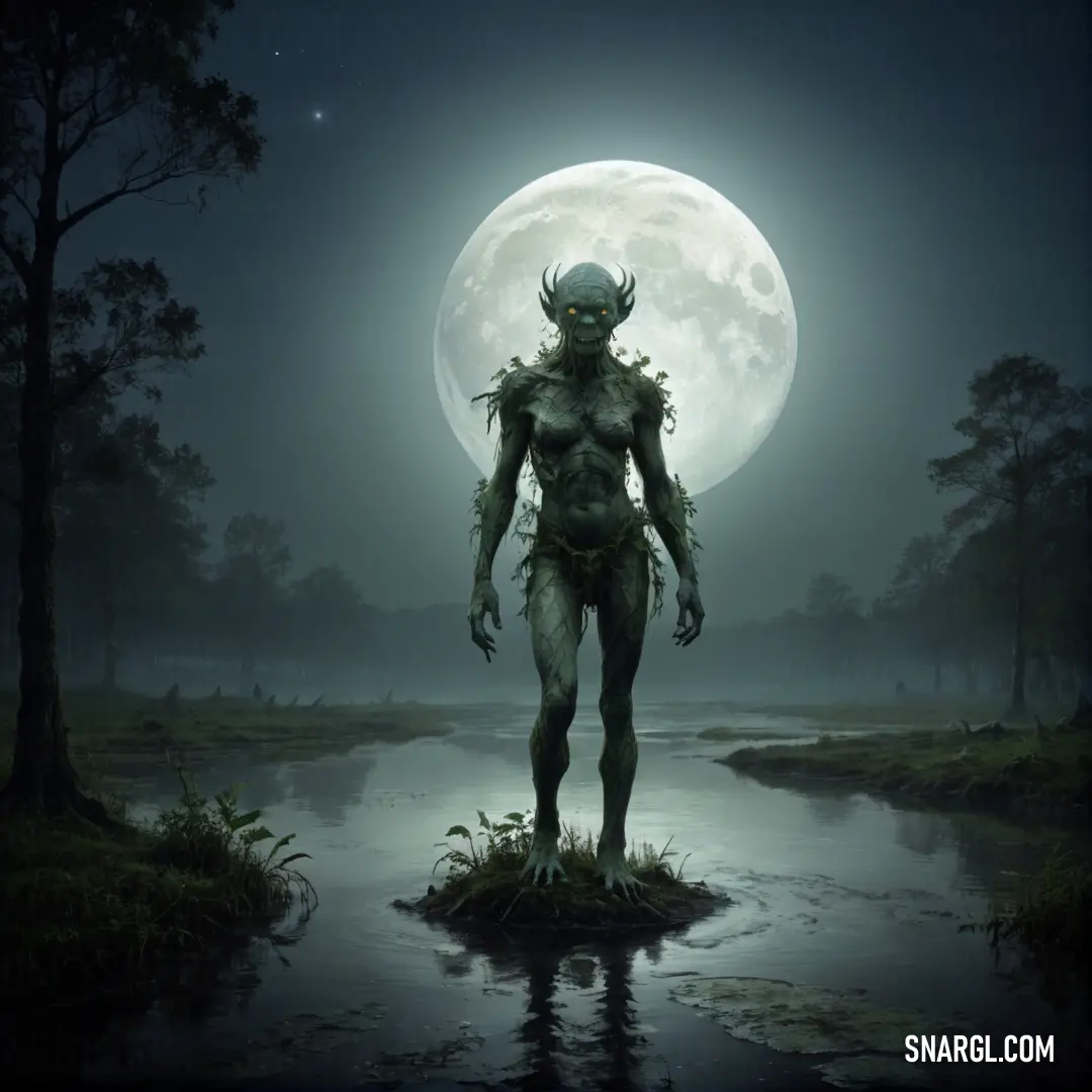 NCS S 6010-B50G color example: Creature standing in the middle of a swampy area with a full moon in the background
