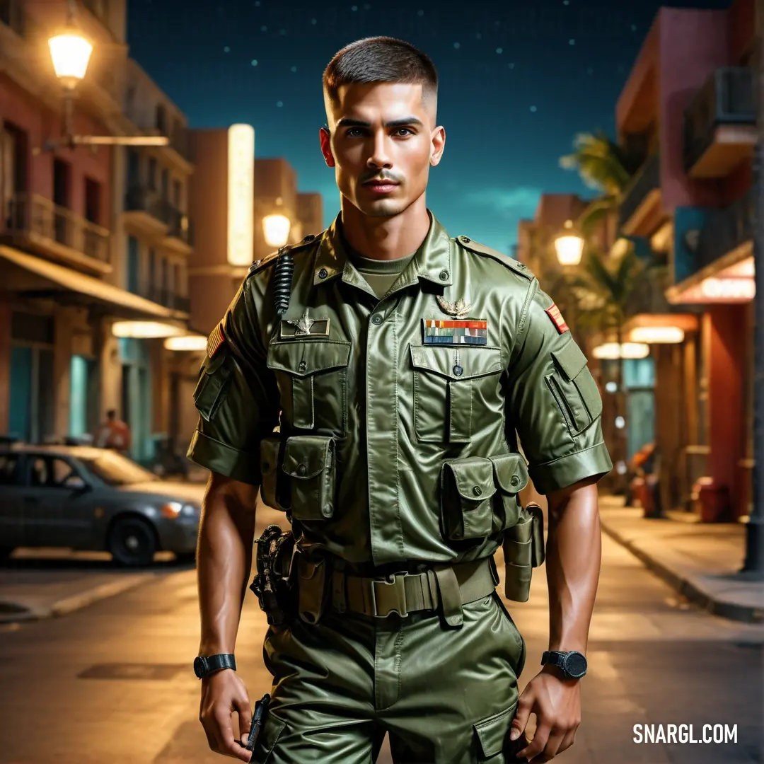 Man in a military uniform standing on a street at night with a car in the background. Example of RGB 70,94,88 color.