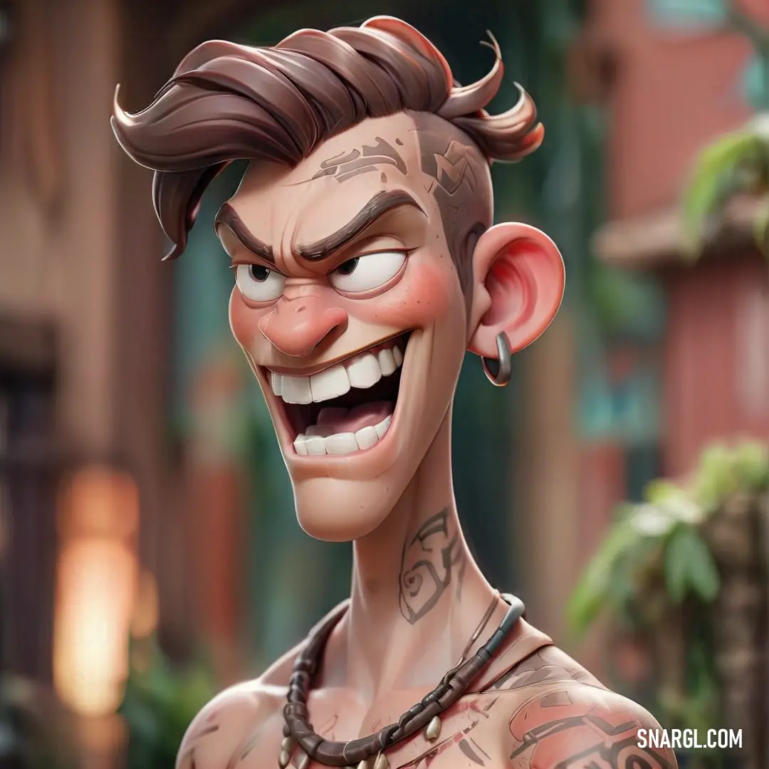 Cartoon character with a tattoo on his chest and a necklace around his neck and a smile on his face. Example of #624D4F color.