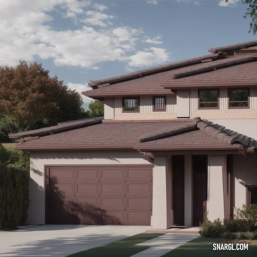 NCS S 6010-R30B color. House with a brown roof and a white fence and trees in front of it