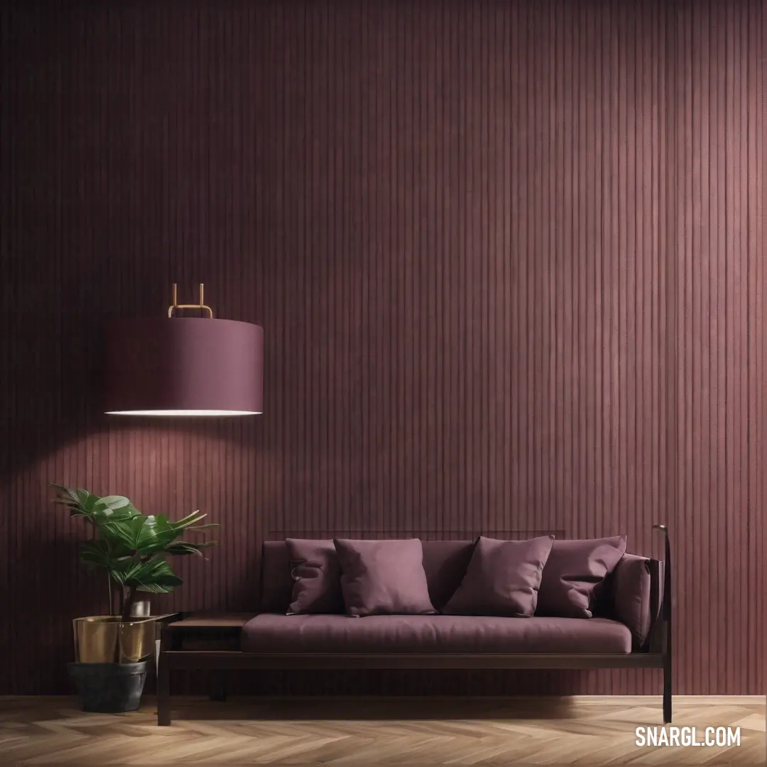 Couch and a lamp in a room with a wooden floor and a wall with a purple wallpaper. Color #5D4852.