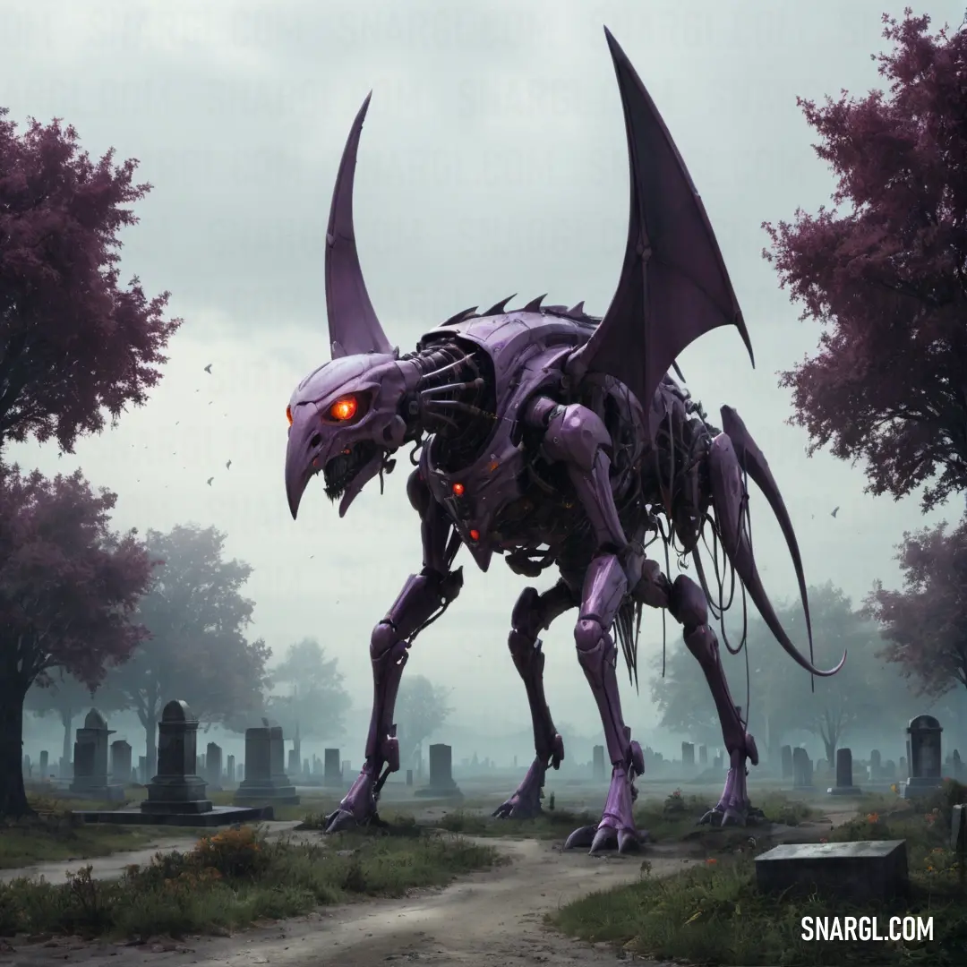 NCS S 6010-R50B color example: Giant robot dog standing in a cemetery with a glowing eye on its face and tail
