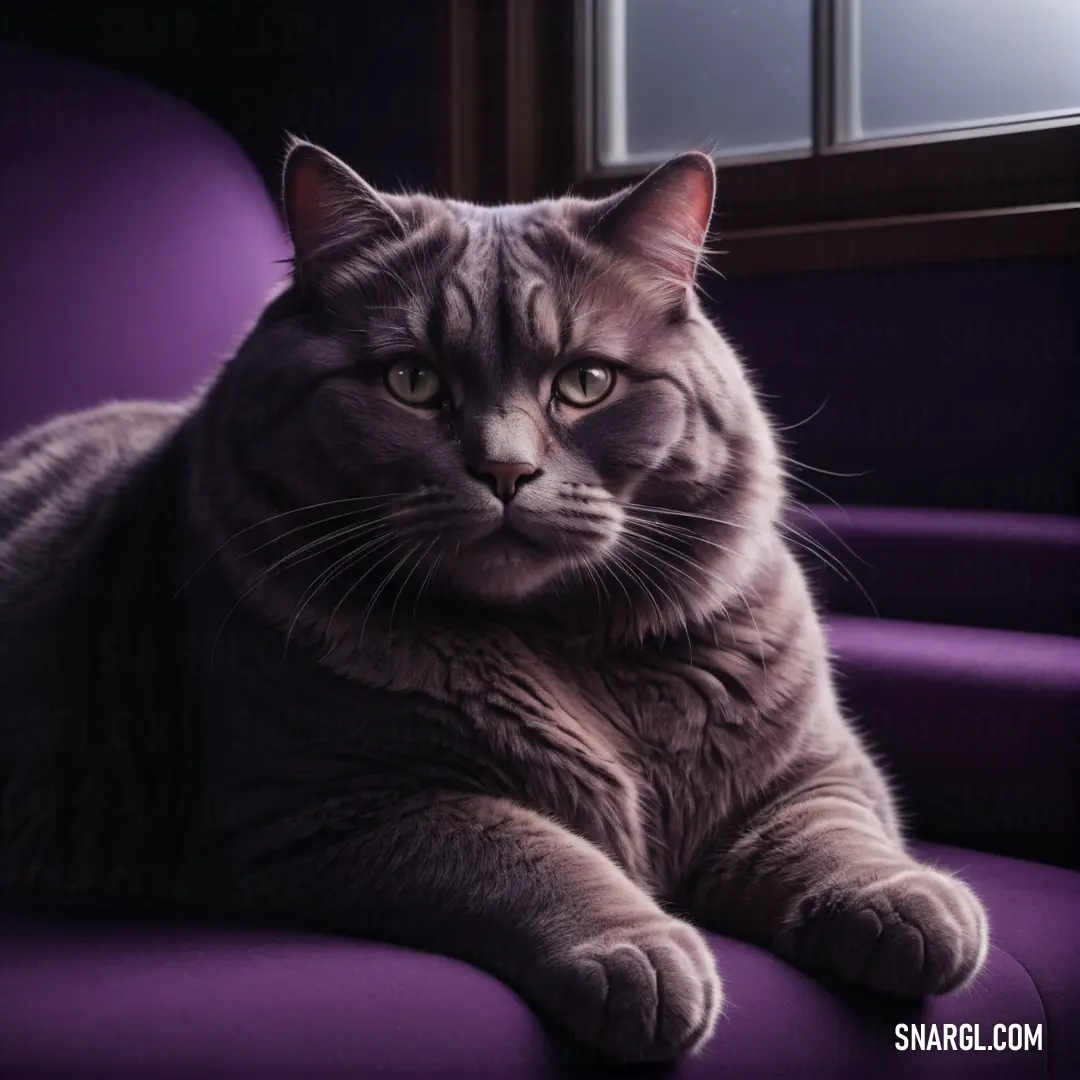 Cat on a purple chair looking at the camera with a sad look on its face and eyes. Color RGB 88,76,86.