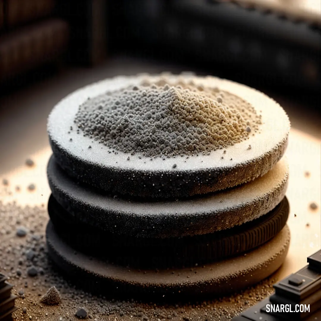 Stack of cookies covered in powdered sugar on a table next to a window sill and a book. Color CMYK 0,35,40,68.