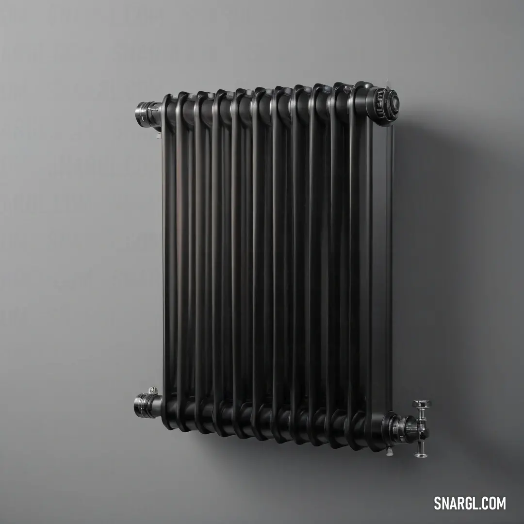 A sleek black radiator hangs elegantly on a wall adorned with subtle gray tones, epitomizing minimalist design while providing essential heating. This arrangement intertwines aesthetics with practicality in a contemporary setting.