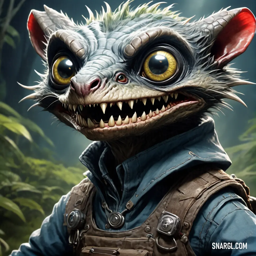 Creature with big eyes and a leather jacket on, with a forest background. Color NCS S 6010-Y70R.