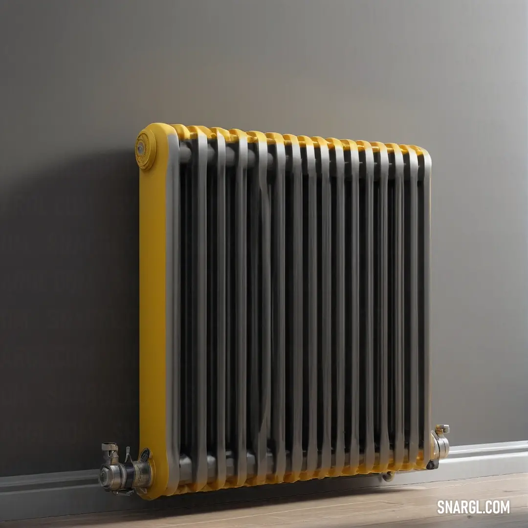 This image showcases a stylish radiator nestled in a well-designed room, featuring a gray wall and vibrant yellow trim. The composition emphasizes modern home elements, creating an inviting and warm atmosphere that enhances interior décor.