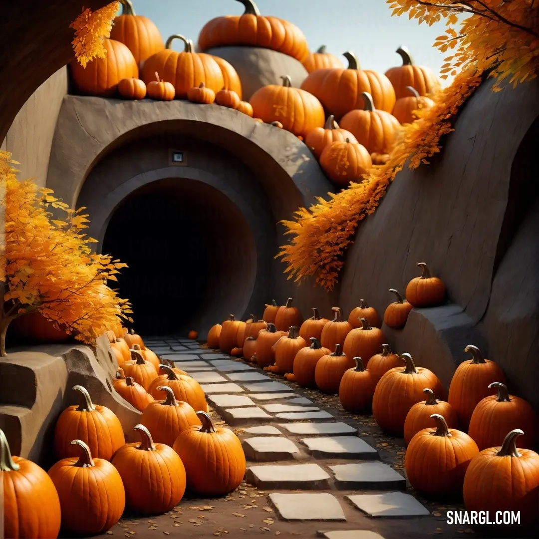 Tunnel with pumpkins and a walkway with a few pumpkins on it and a few pumpkins on the ground. Color RGB 99,78,67.