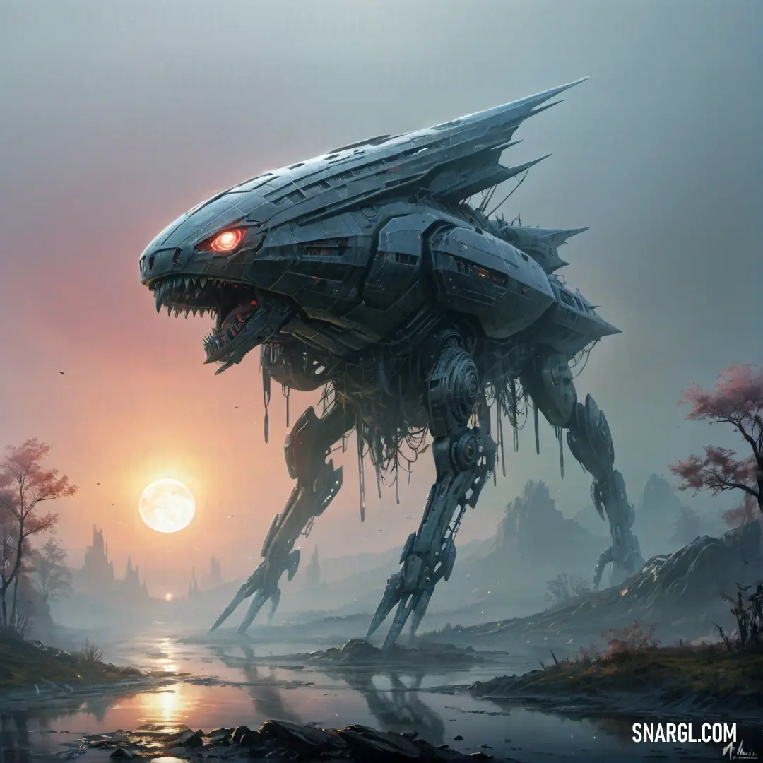 Giant robot with a huge head and eyes standing in a swampy area with a sun in the background. Color CMYK 58,0,0,78.