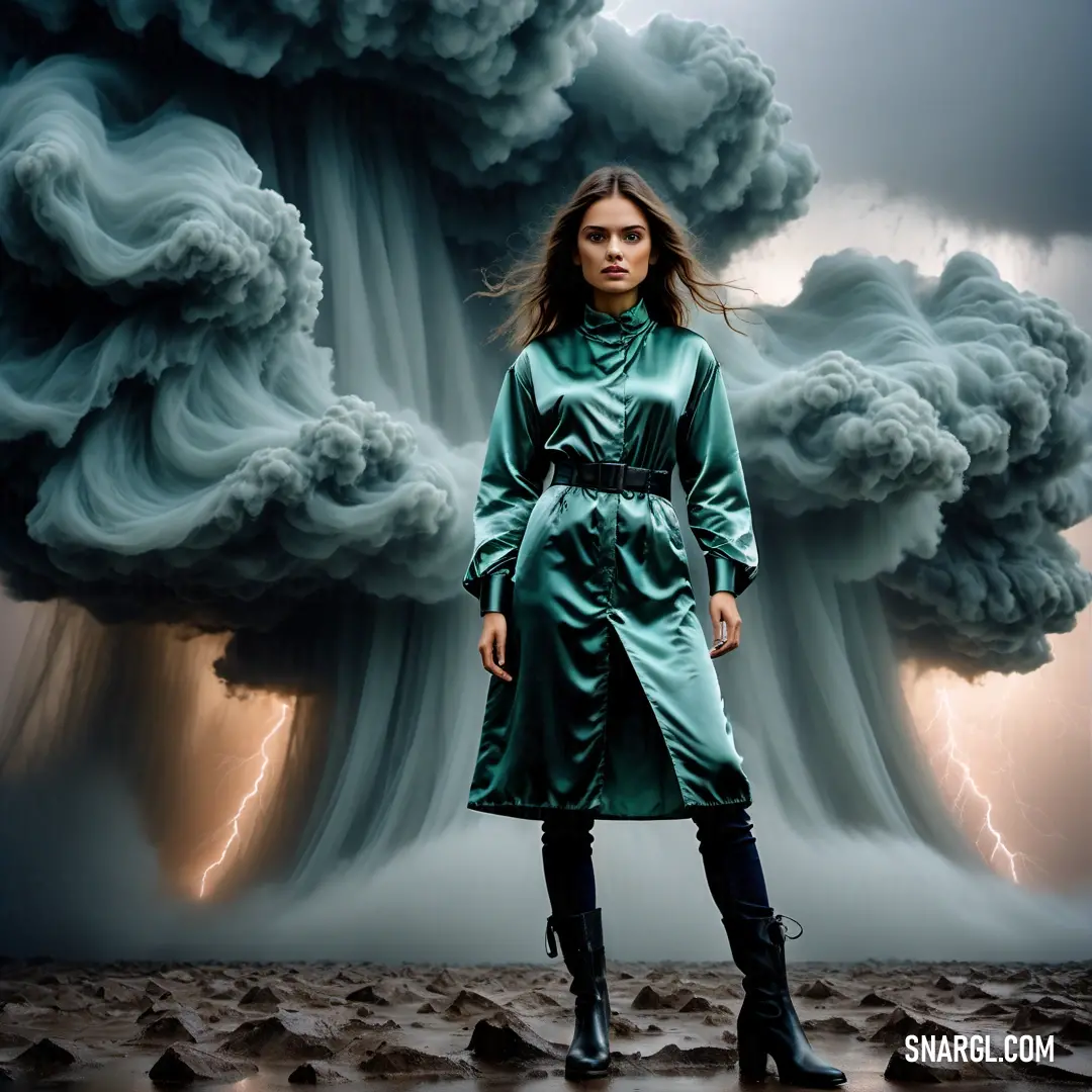 Woman in a green dress standing in front of a storm cloud with a black belted dress on. Color RGB 35,74,83.