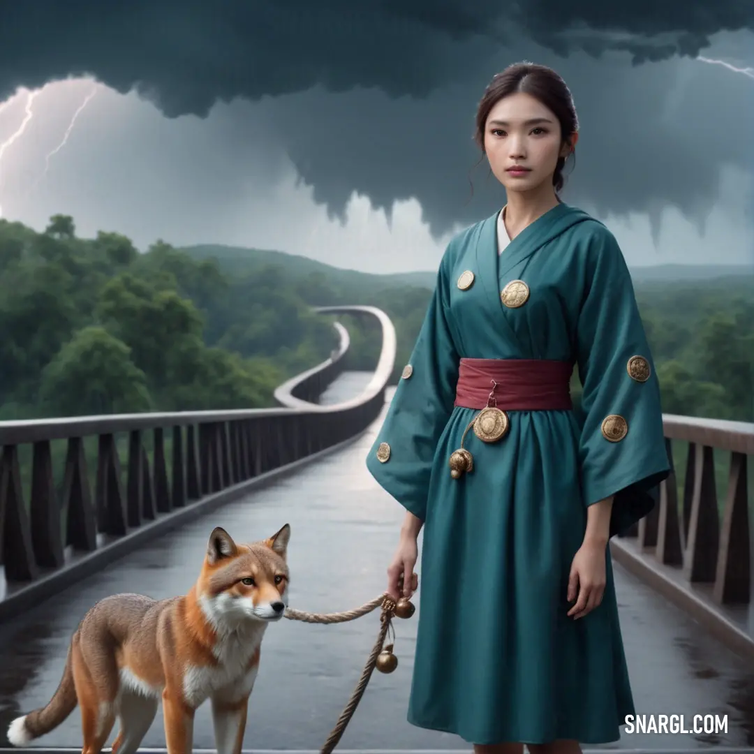 Woman in a green dress holding a leash and a fox on a leash on a bridge with a stormy sky in the background. Example of #234A53 color.