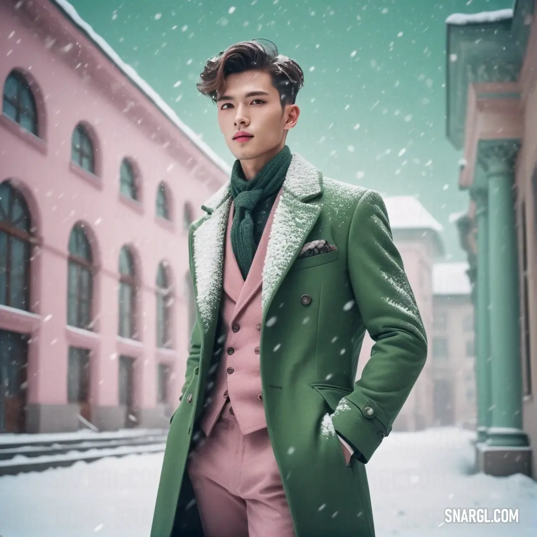 Man in a green coat and pink pants standing in the snow in front of a pink building. Color RGB 38,79,79.