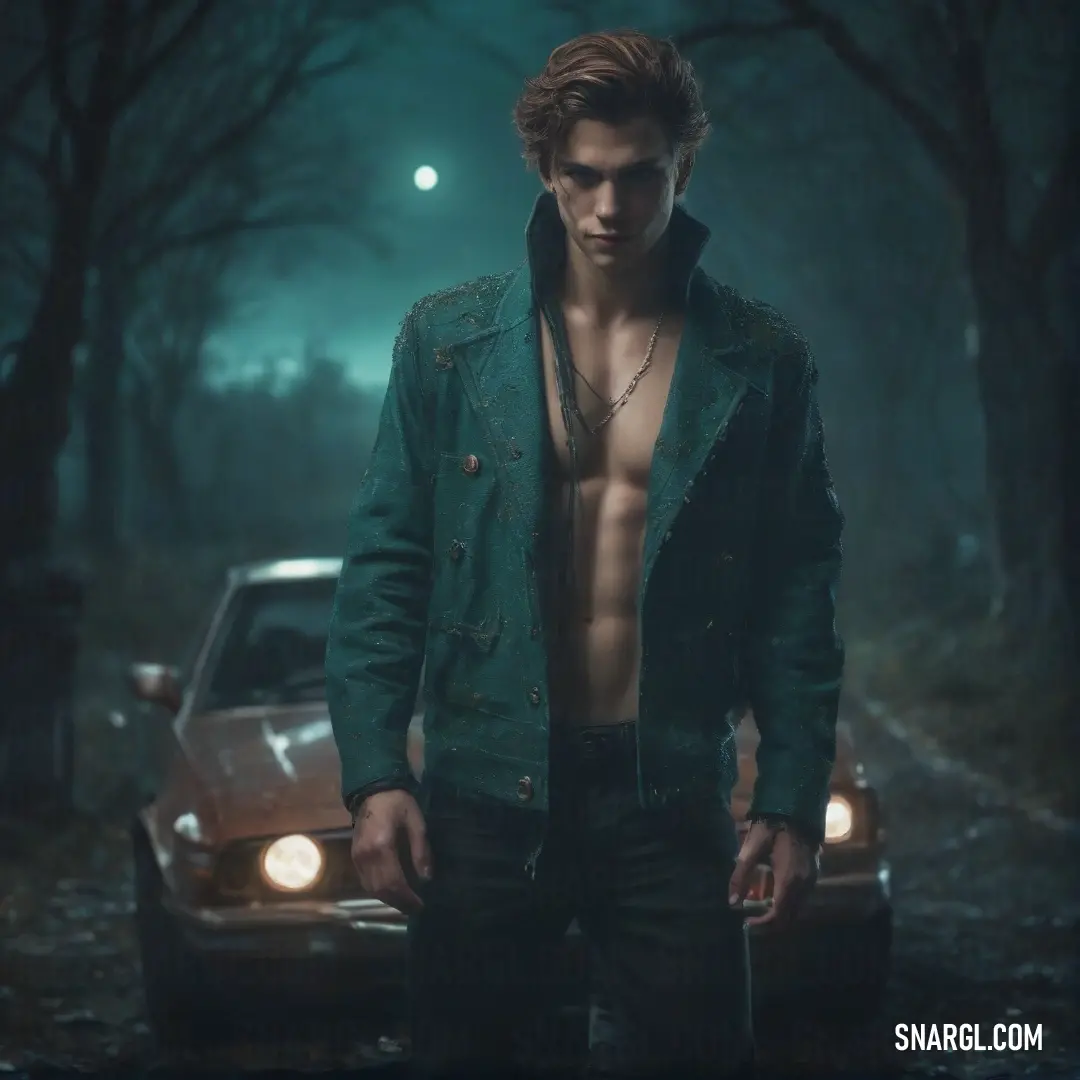 Man standing in front of a car in the woods at night with a shirt off. Example of RGB 38,79,79 color.