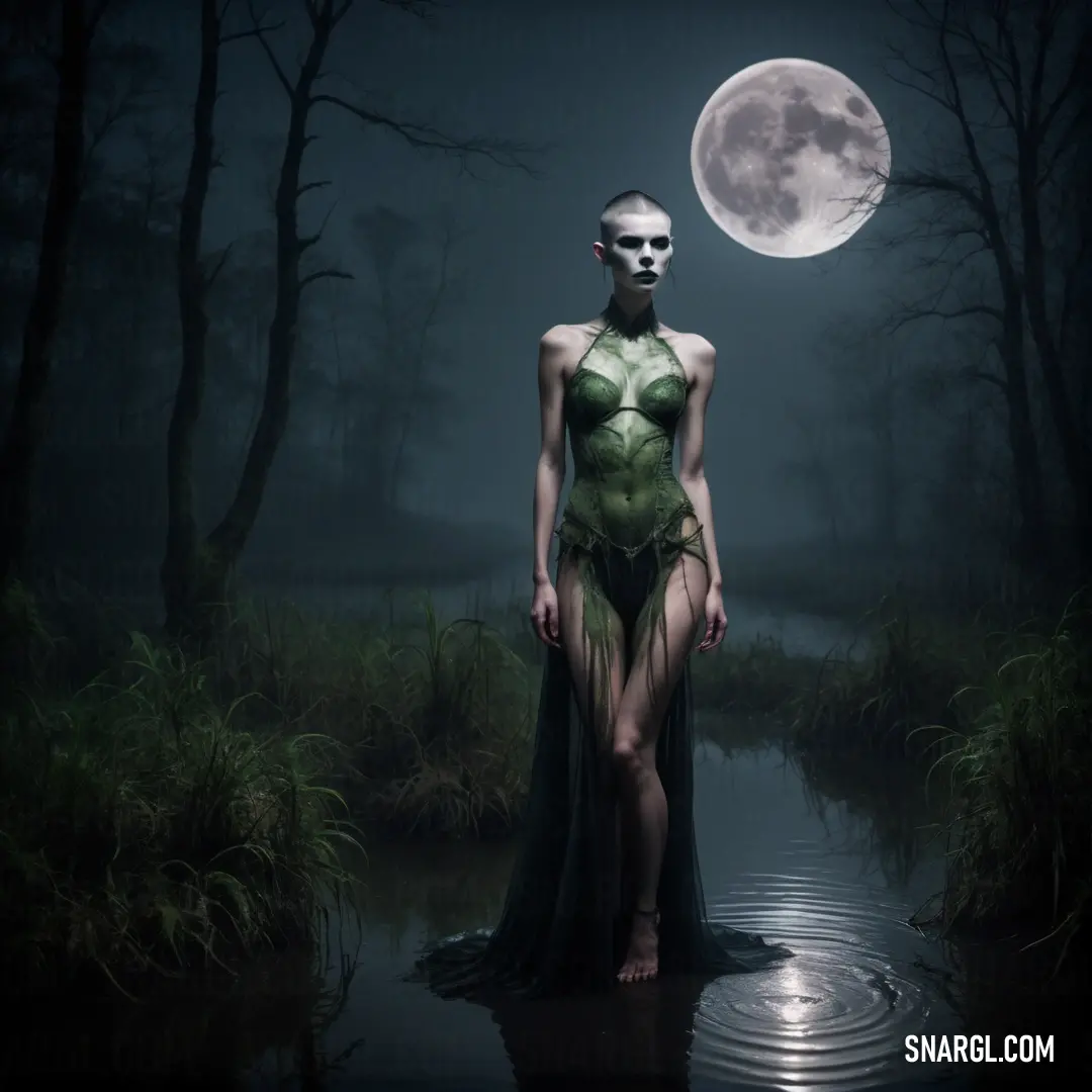 Woman in a green dress standing in a body of water with a full moon behind her and trees in the background. Color RGB 38,79,79.