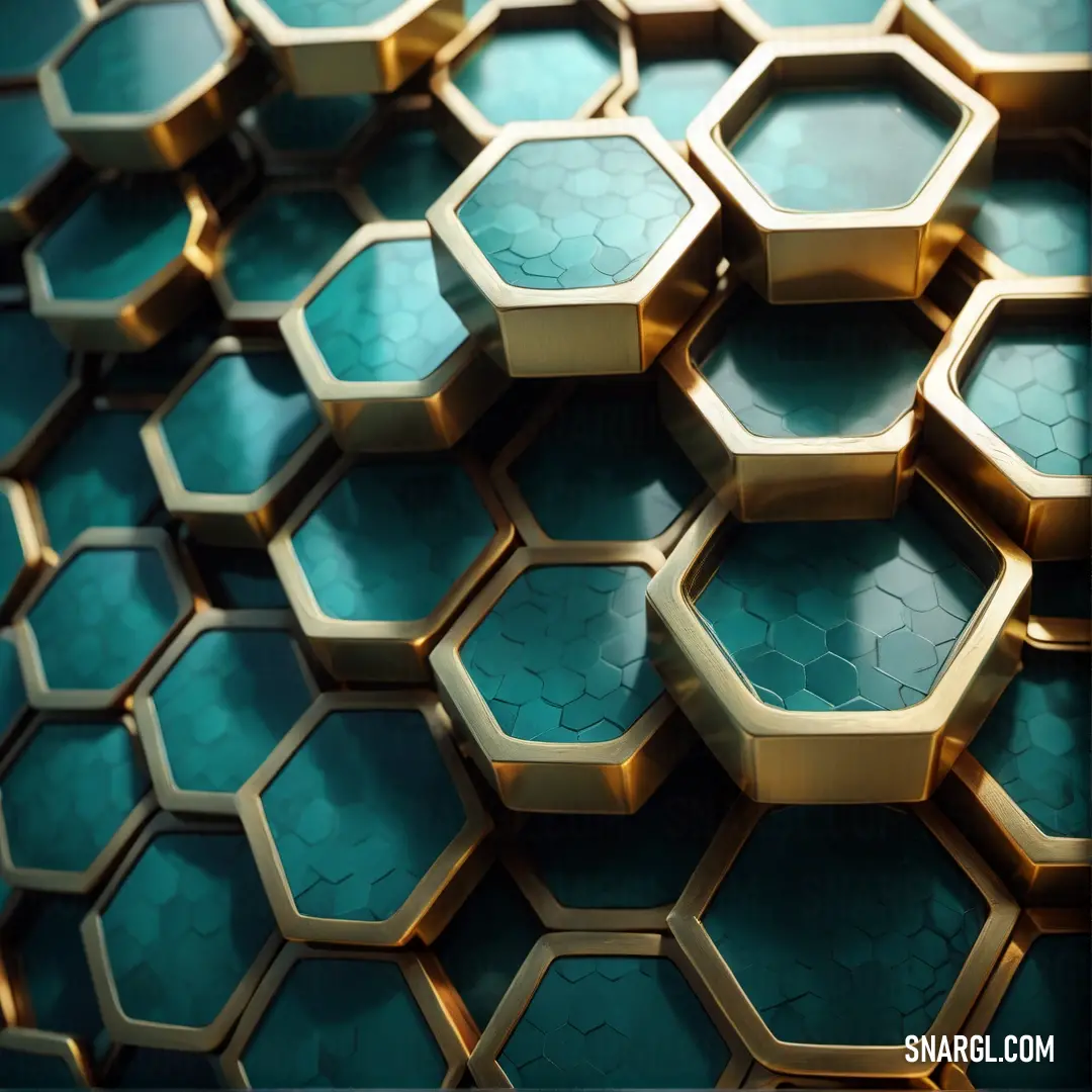 Close up of a bunch of hexagonal objects on a table top with a blue background. Color #165850.