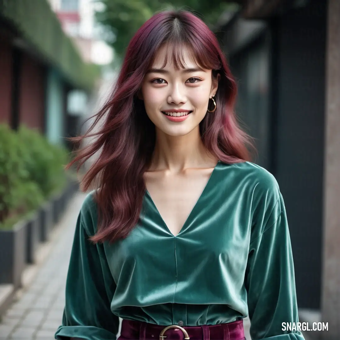 Woman with red hair and a green top is smiling at the camera while standing on a sidewalk with a brick walkway