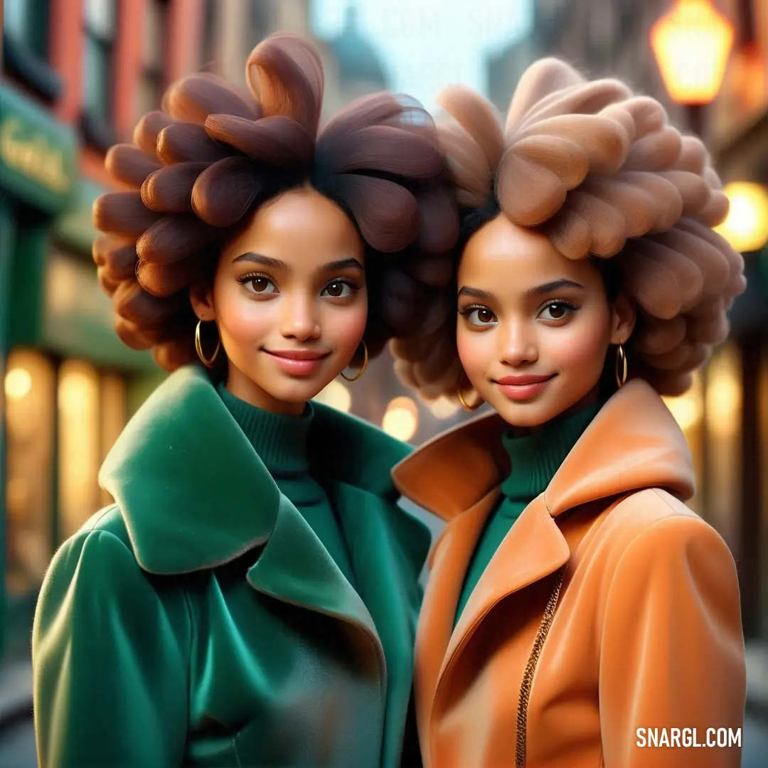 Two women with curly hair standing next to each other on a street corner in front of a storefront. Color NCS S 6020-B50G.