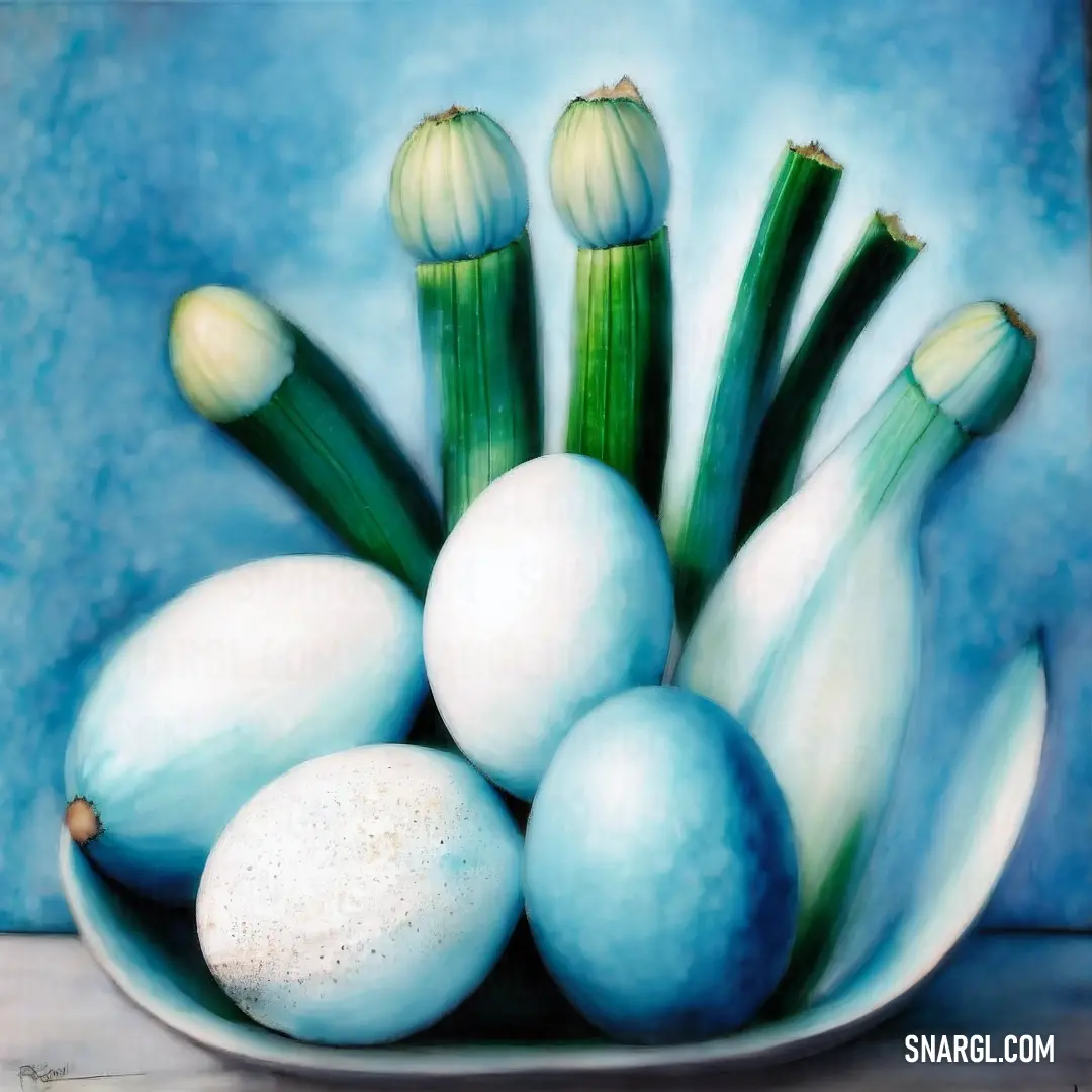 Painting of eggs and onions in a bowl on a table top with blue background. Color RGB 25,90,72.