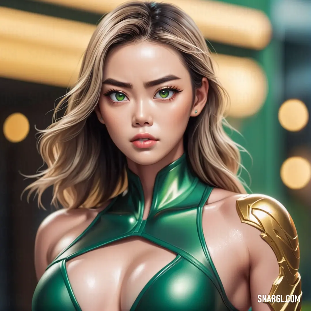 NCS S 6020-B70G color. Woman in a green leather outfit with gold accents on her chest and chest,