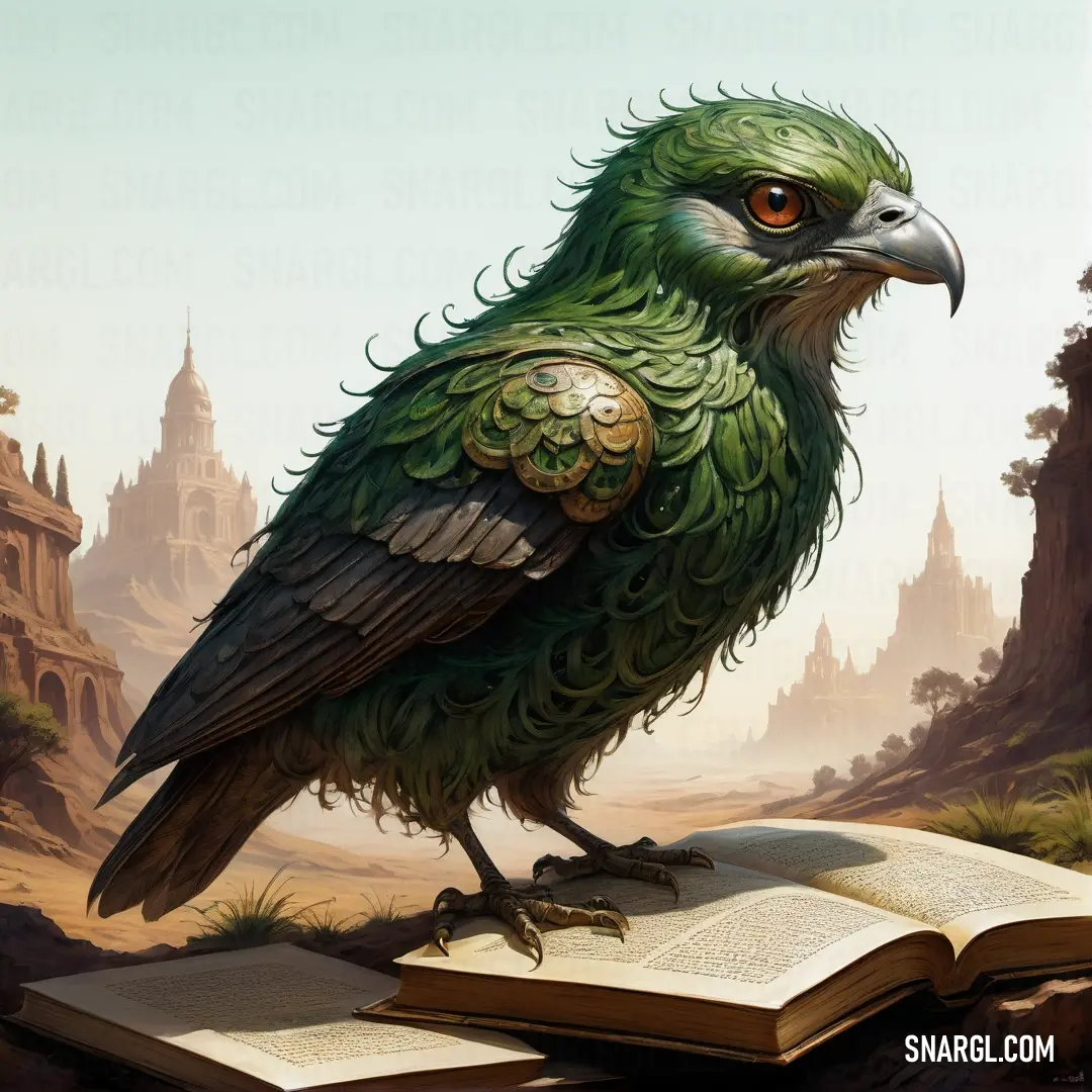 Bird on top of an open book on a table next to a castle and a river with a castle in the background. Color RGB 18,74,53.
