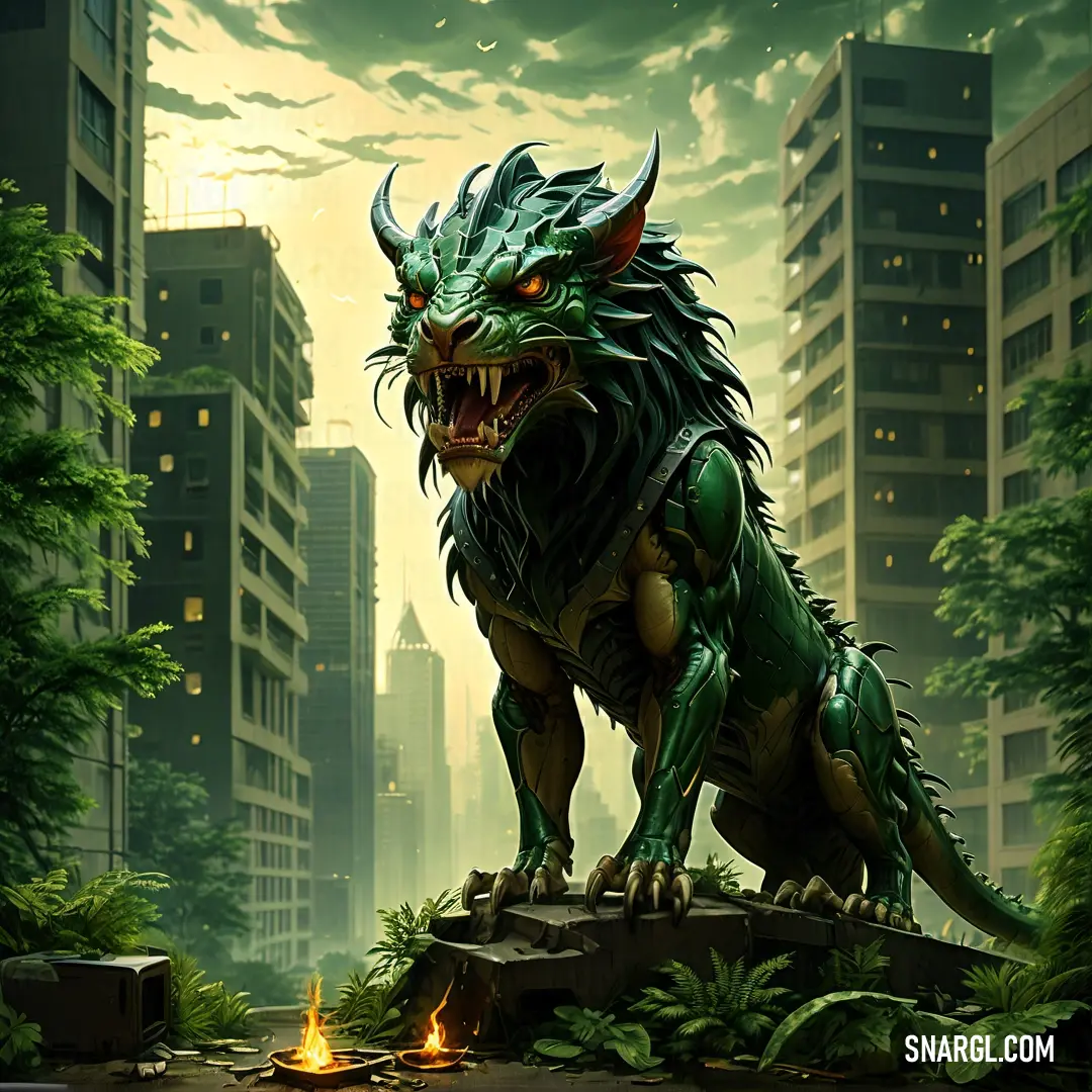 NCS S 6020-B90G color. Green dragon statue in a city setting with a fire in the foreground
