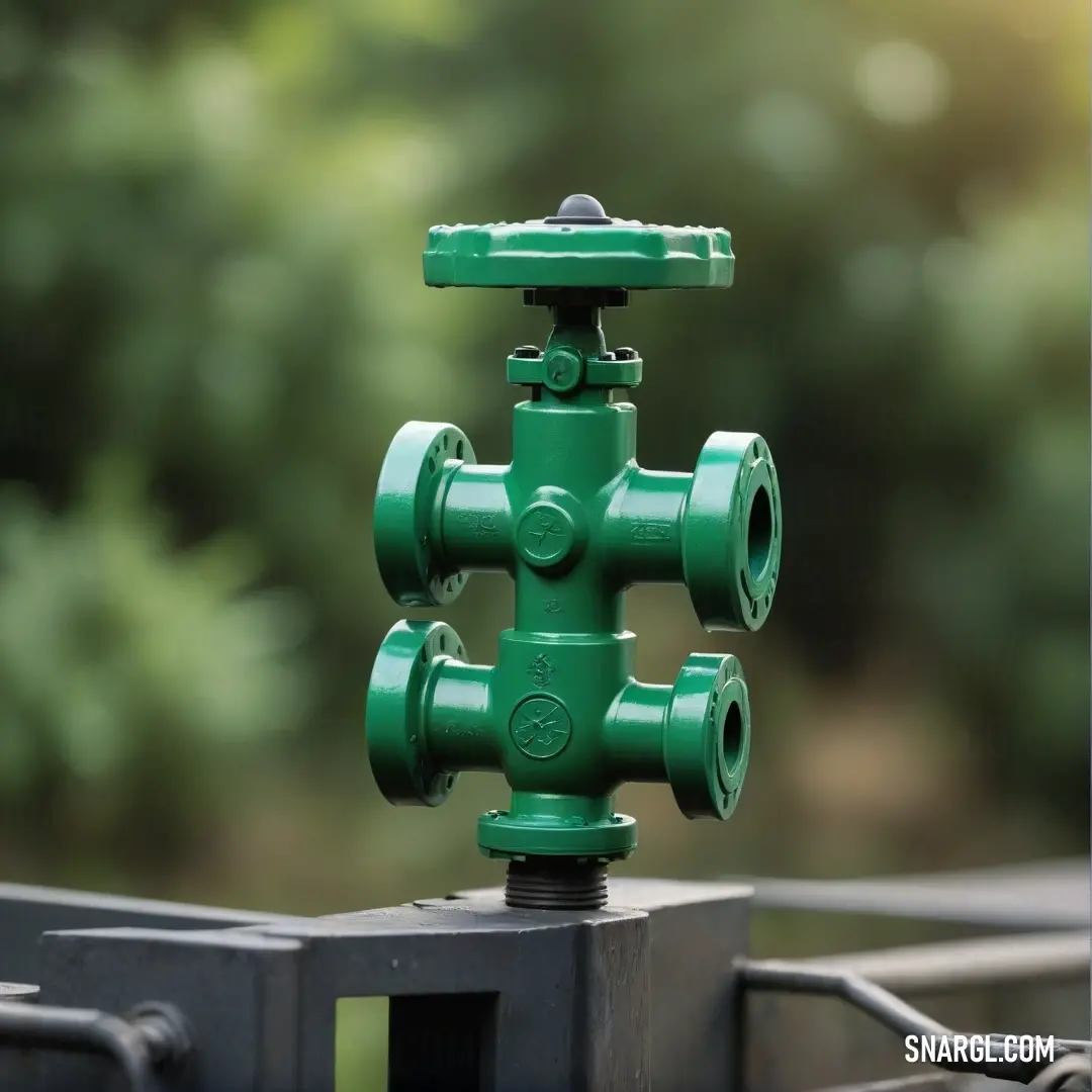 Green valve is on a black rail outside of a forest area with trees in the background. Example of #124A35 color.