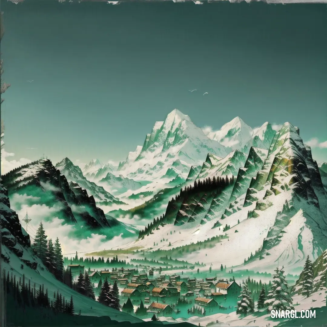 NCS S 6020-G color. Painting of a snowy mountain range with houses and trees on it and a sky background