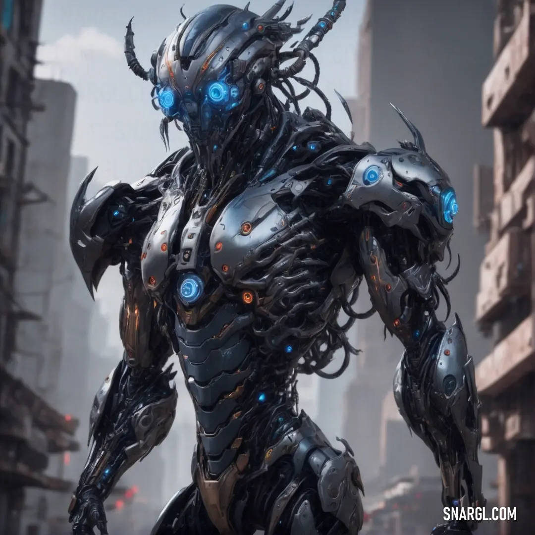 A towering robot with glowing blue eyes and a metallic body looms in a city filled with skyscrapers, embodying a futuristic vibe against a backdrop of steel and glass, highlighted by the bold color #124933.