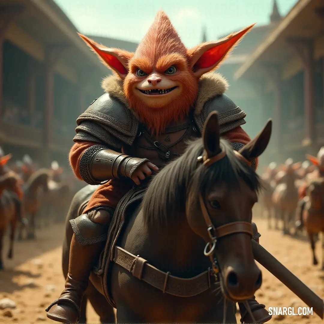 A whimsical troll proudly rides atop a spirited horse, traversing a lively town square bustling with people. The atmosphere is filled with curiosity as onlookers take in the fantastical sight of this unlikely duo amid the vibrant background of urban life.