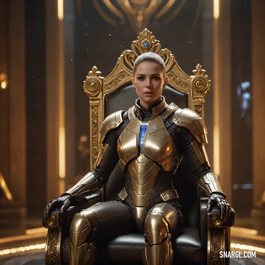 A regal woman clad in shimmering gold armor sits gracefully on an ornate throne, surrounded by opulent gold walls and a sparkling chandelier, exuding a sense of strength and elegance befitting royalty.