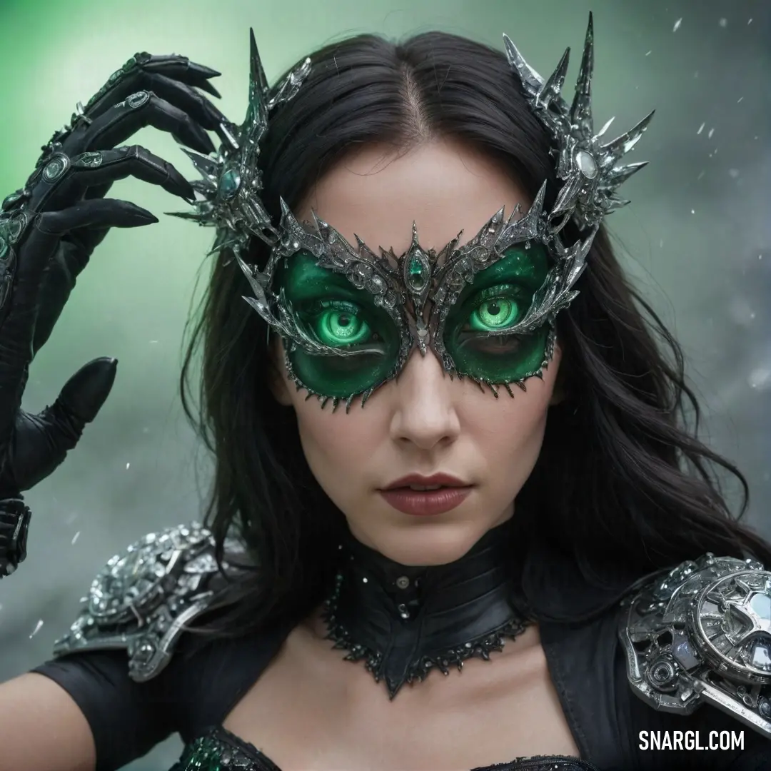 A mysterious woman with striking green eyes and intricate masks adorns her face and hands, enveloped in an air of secrecy. The shadows dance around her, enhancing the intriguing essence of her captivating presence in a dimly lit space.