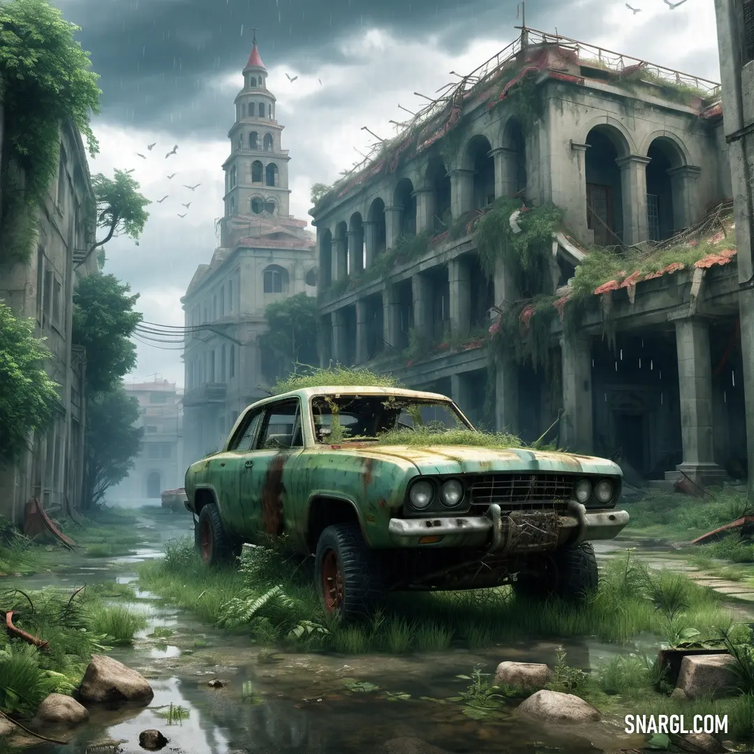 NCS S 6020-G10Y color example: Car parked in a dirty street next to a building and a clock tower in the background