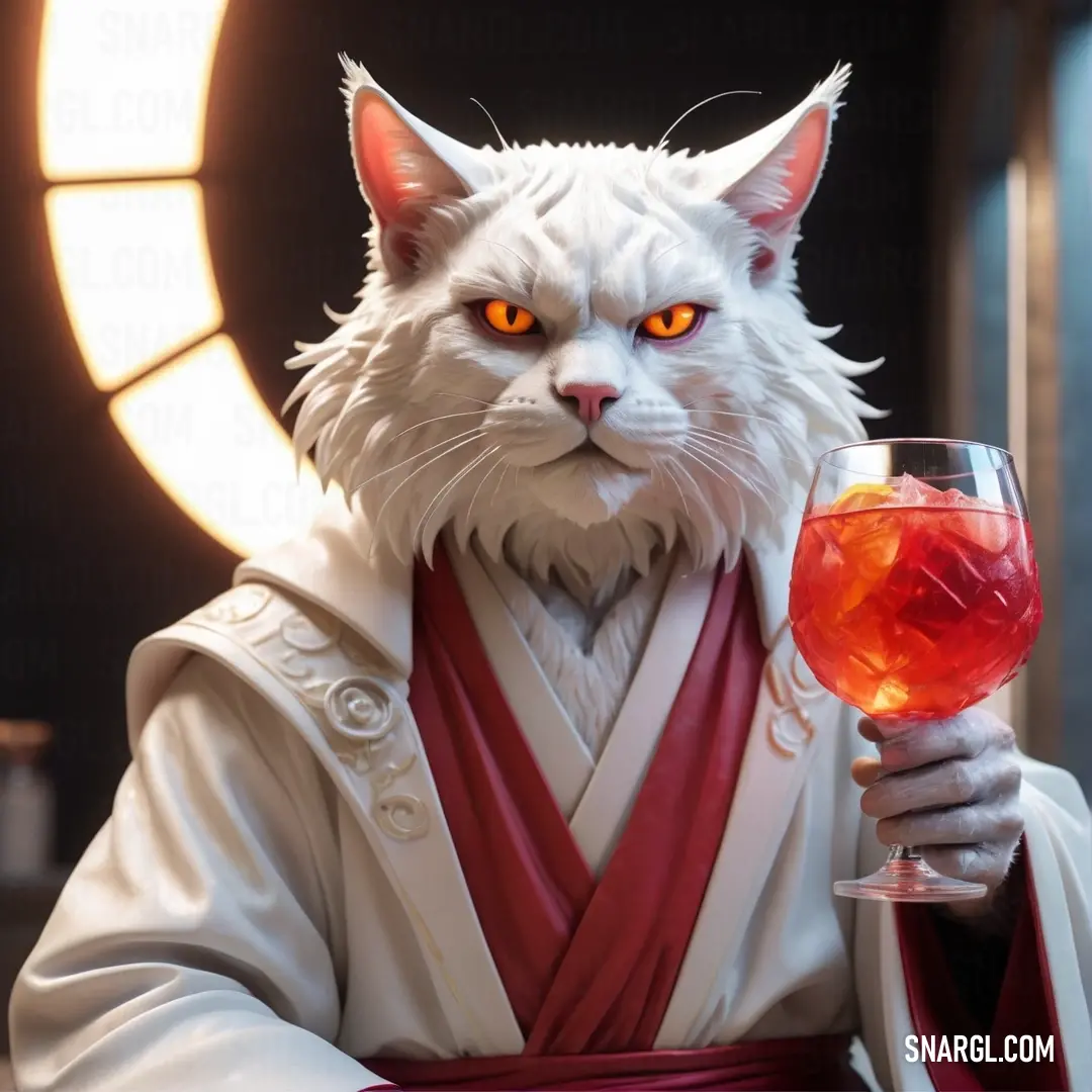 Cat dressed in a costume holding a wine glass with a drink in it's hand. Example of RGB 93,44,49 color.