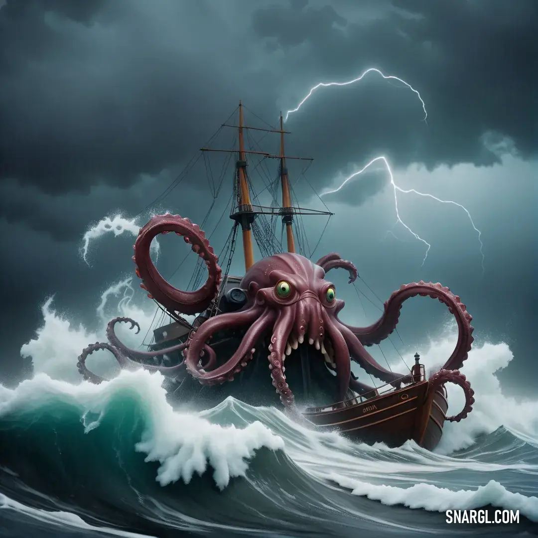 Octopus attacking a ship in a stormy sea with lightning in the background. Color RGB 92,47,59.