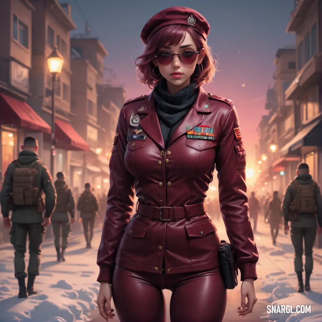Woman in a red uniform is standing in the snow in a city at night with soldiers in the background. Example of CMYK 0,60,17,70 color.