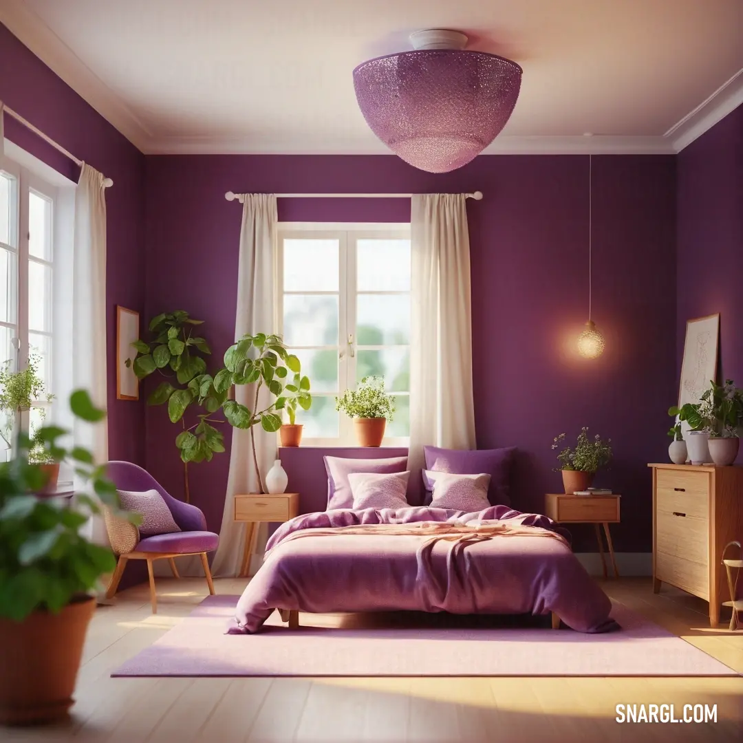 Bedroom with a purple wall and a bed with purple sheets and pillows and a plant in the corner. Example of #5C253A color.