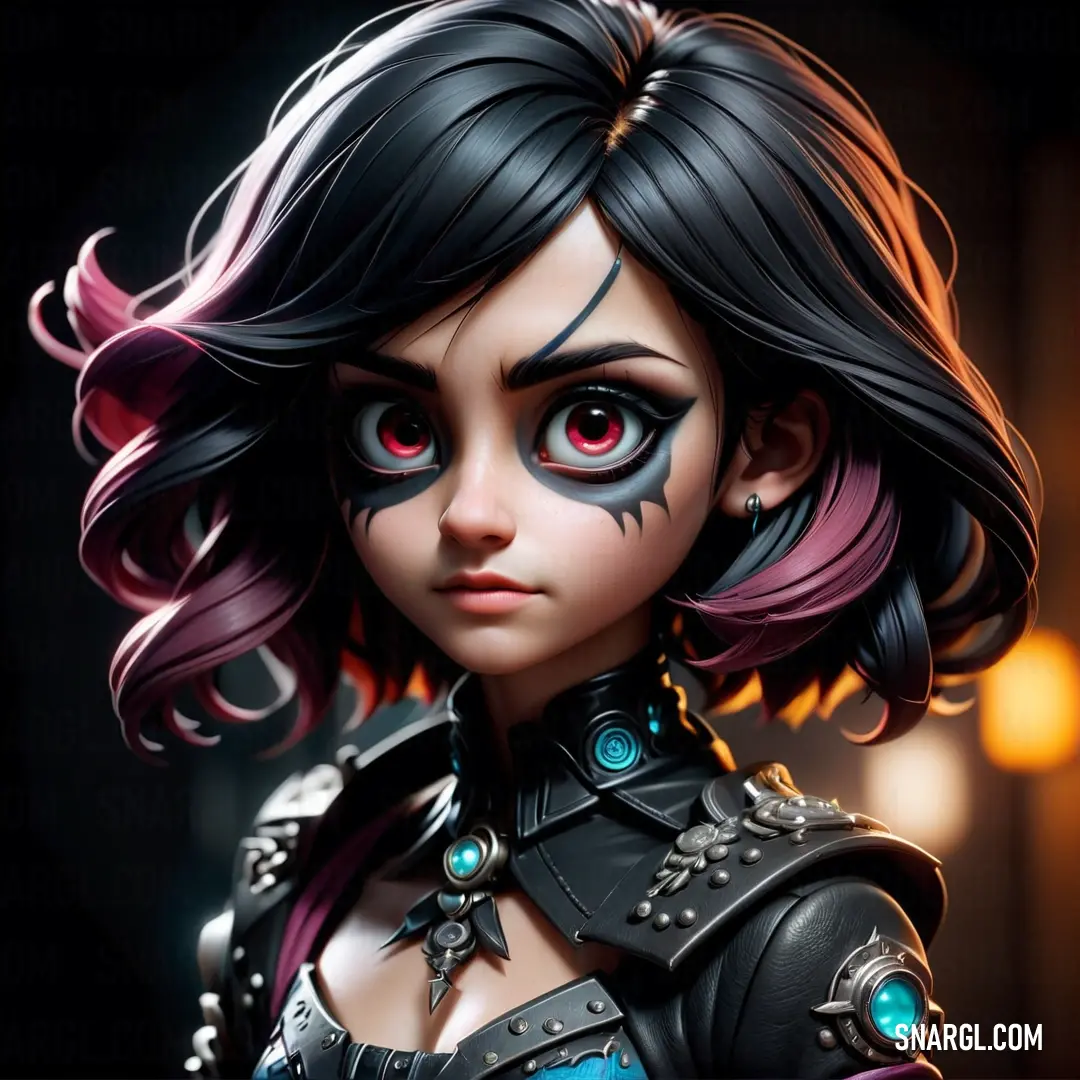 Close up of a doll with black hair and red eyes and a black outfit with blue and pink hair. Example of NCS S 6020-R20B color.