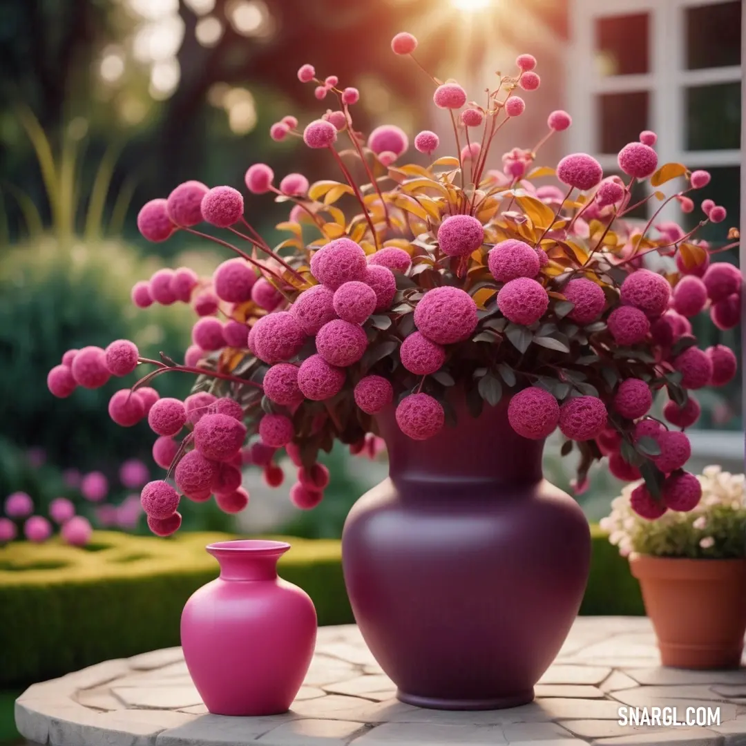 NCS S 6020-R20B color example: Vase with pink flowers on a table in a garden with a window in the background