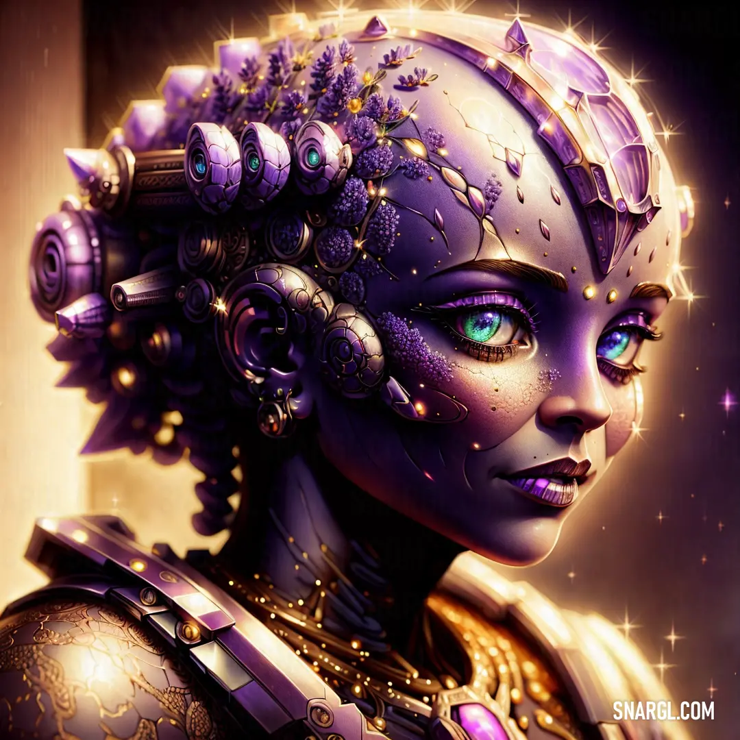 Woman with a weird hair and blue eyes wearing a purple costume and a gold crown with jewels on her head. Color RGB 77,55,79.