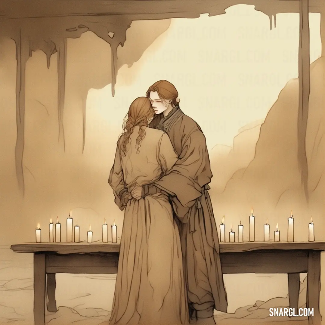 Couple is hugging in front of a table with candles on it and a mountain in the background. Example of RGB 98,79,44 color.