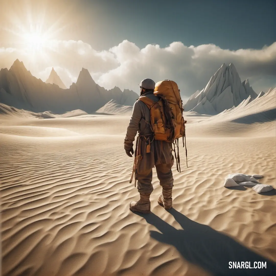 NCS S 6020-Y color example: Man with a backpack is standing in the desert with mountains in the background