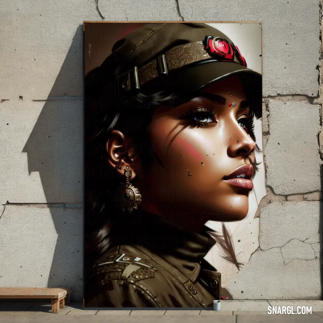 Painting of a woman in a military uniform on a wall next to a bench. Color #624F2C.