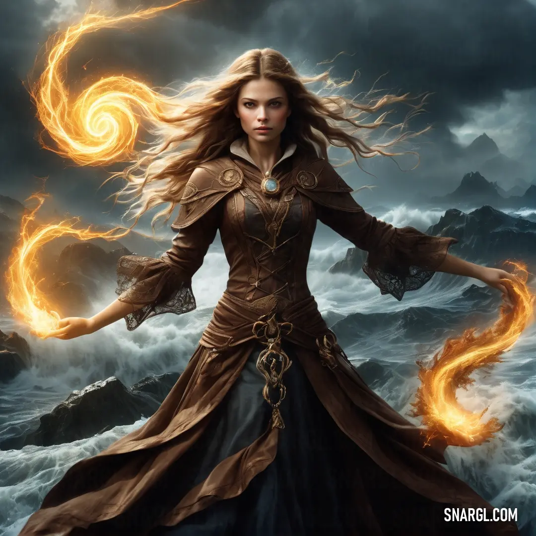 NCS S 6020-Y10R color. Woman in a long dress with a fire staff in her hand and a storm in the background