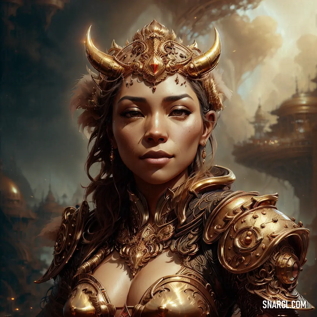 NCS S 6020-Y10R color. Woman with horns and a gold outfit on her head and shoulders, with a large