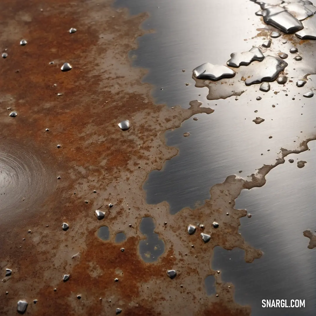 Metal surface with water drops on it and a circular hole in the middle of the surface that has a rusted surface