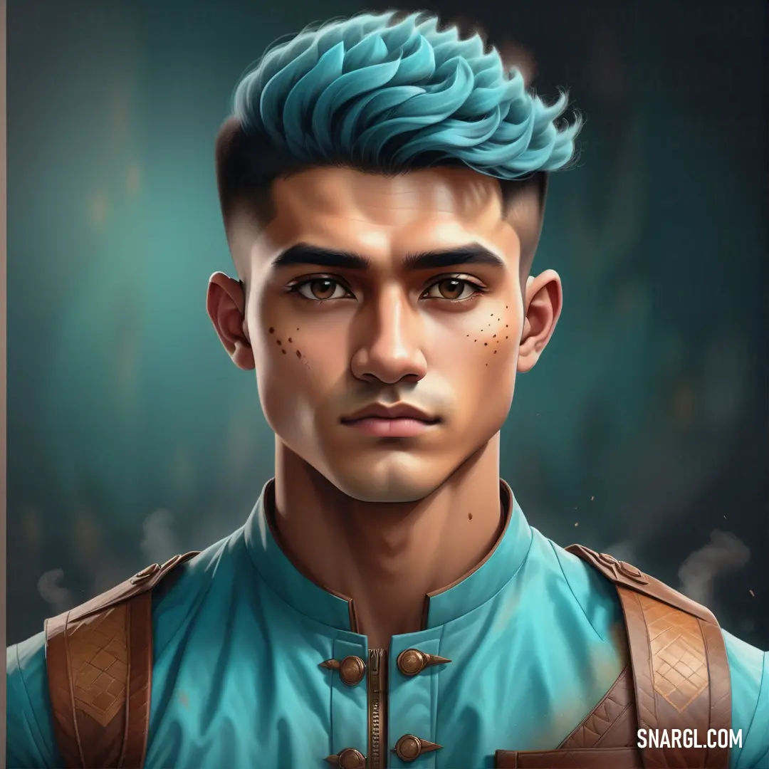 NCS S 6020-Y30R color example: Digital painting of a man with blue hair and a blue shirt on his chest
