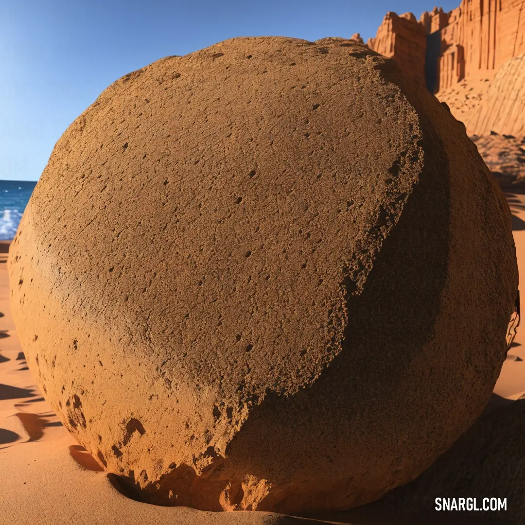 Large rock on top of a sandy beach next to the ocean and a cliff in the background. Example of RGB 112,67,37 color.